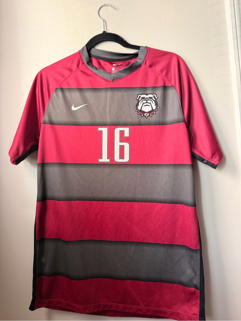 Nike Men’s Red and Gray Striped Soccer Jersey with Bulldog Crest #16